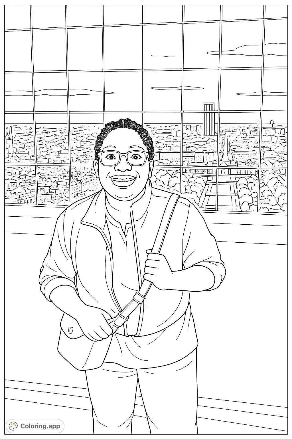 Capture a joyous moment overlooking a vast city skyline. This detailed cityscape coloring page features a smiling individual against an intricate urban backdrop at night.