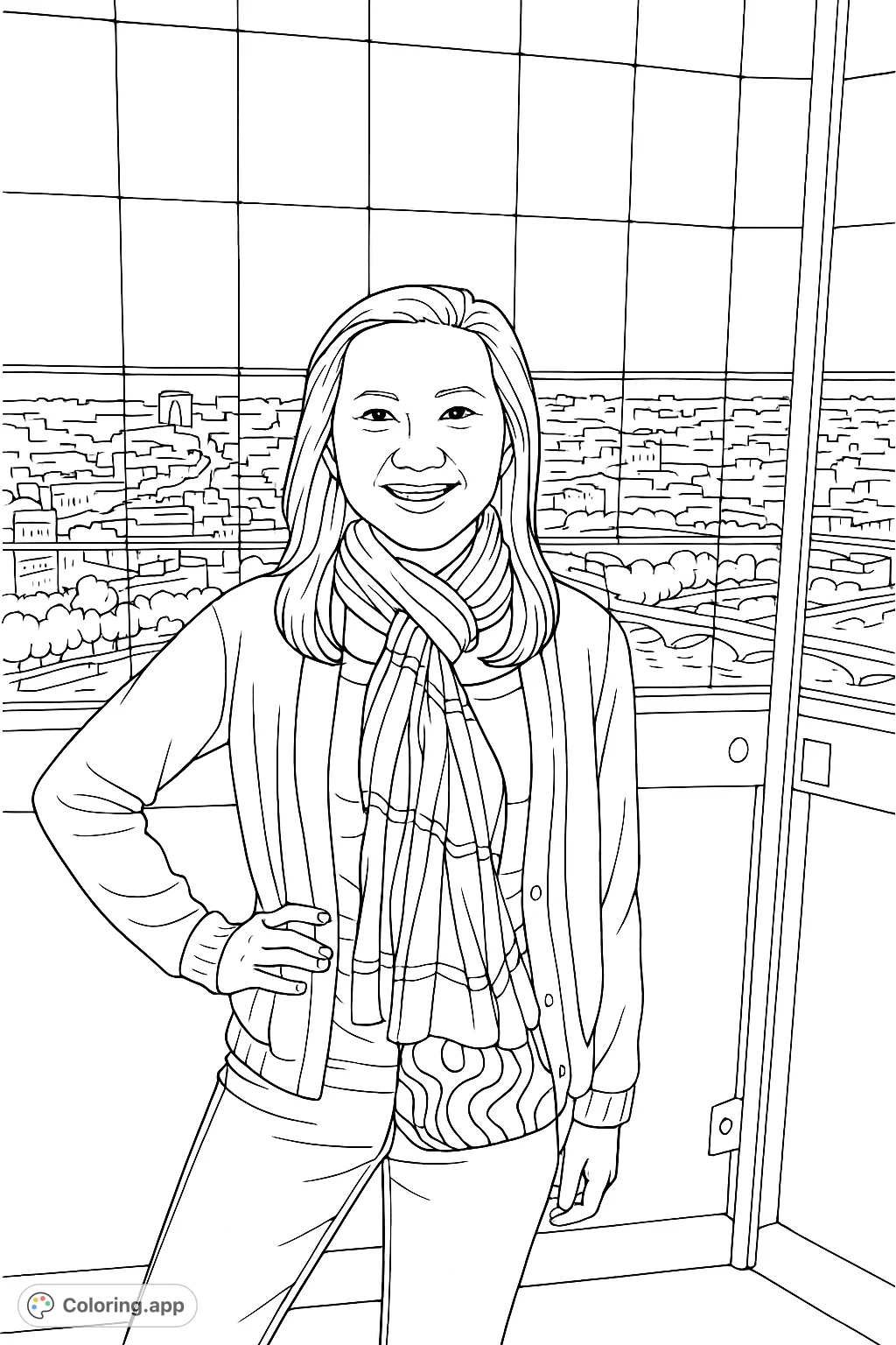 Capture the charm of an urban evening with this portrait against a sprawling cityscape. Detailed gridwork and a patterned scarf offer engaging coloring opportunities.