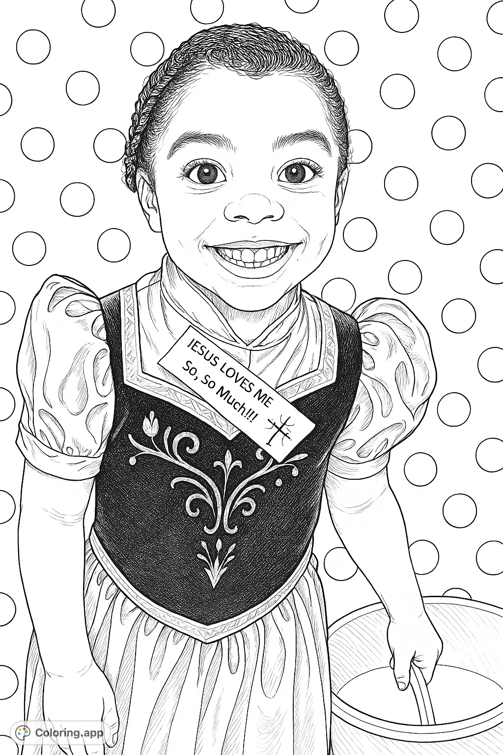 A joyful child in an elaborate princess-style costume, featuring puffed sleeves, intricate bodice patterns, and a wide, happy smile. Perfect for creative expression.