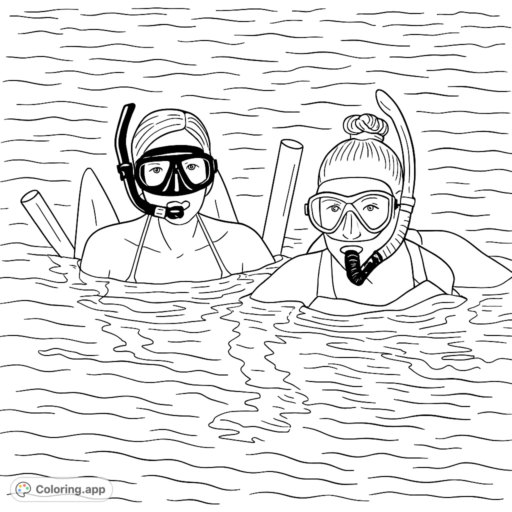 Dive into fun with this snorkeling adventure coloring page! Two friends explore clear waters with masks and snorkels, ready for your creative touch.
