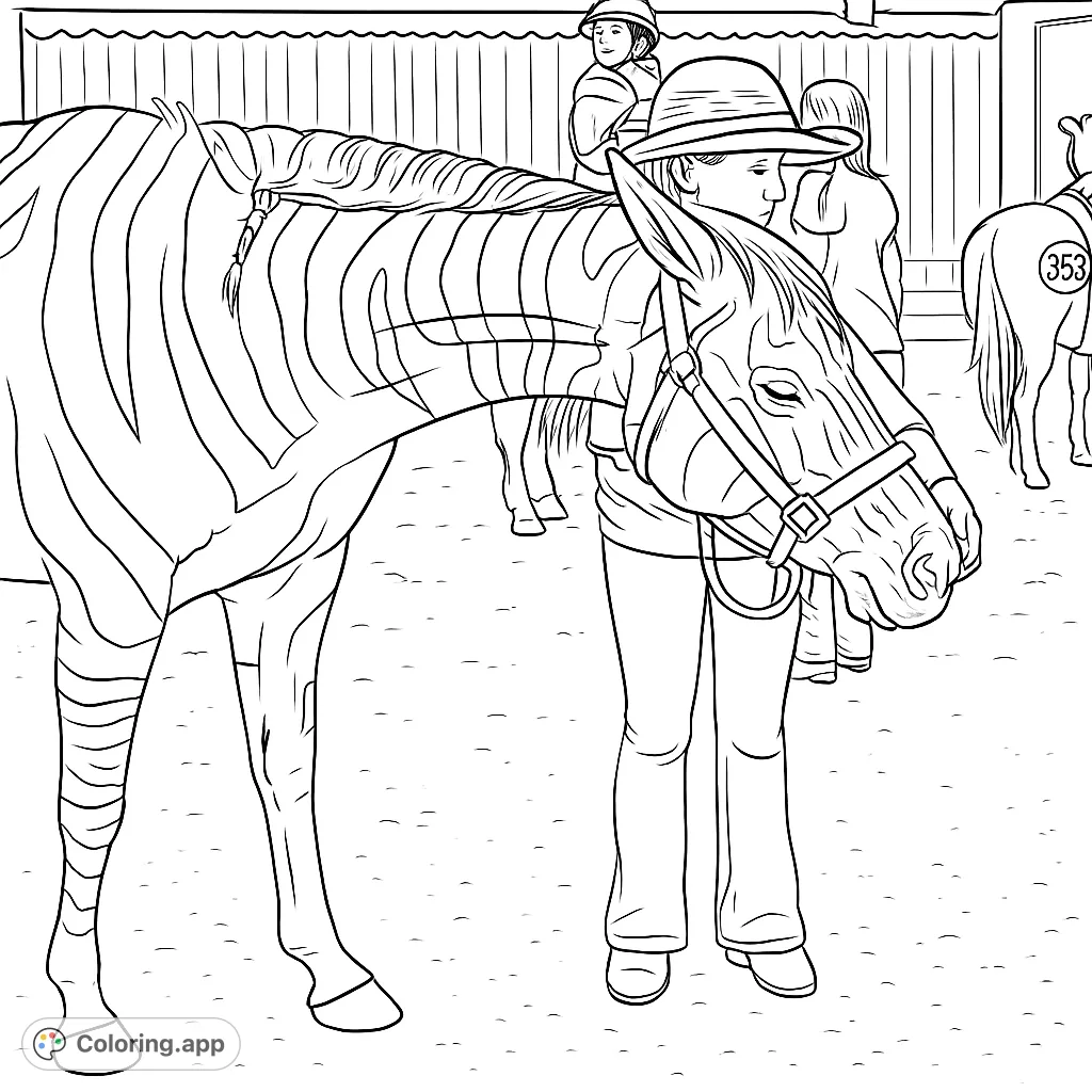 An engaging equestrian scene featuring a horse adorned with unique stripe and patch patterns, interacting with a handler at an outdoor event. A fun animal coloring page for all.