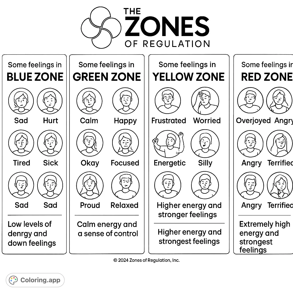 A detailed emotional regulation chart featuring diverse individuals expressing various feelings across four distinct zones, each labeled with an emotion word.
