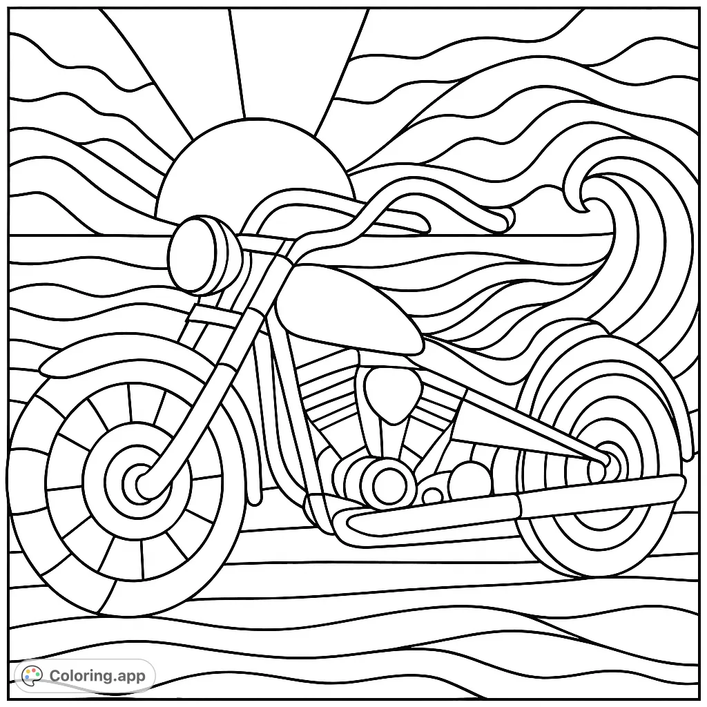 A stunning motorcycle against a vibrant sunset and ocean in a unique stained glass style. Perfect for detailed coloring and relaxation.