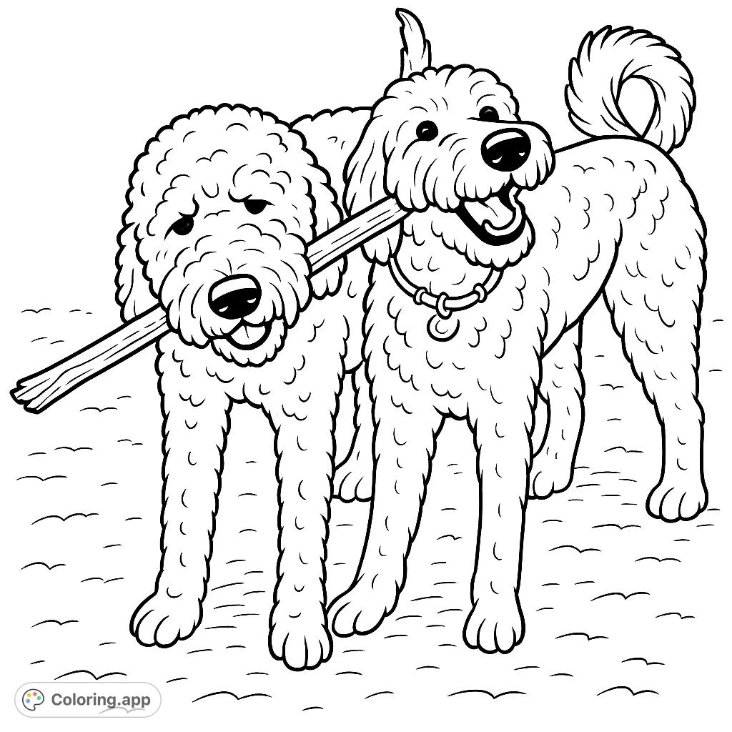 Discover two adorable, shaggy-haired pups sharing a fun stick, ready for your creative touch! A delightful scene for all dog lovers to color and enjoy.