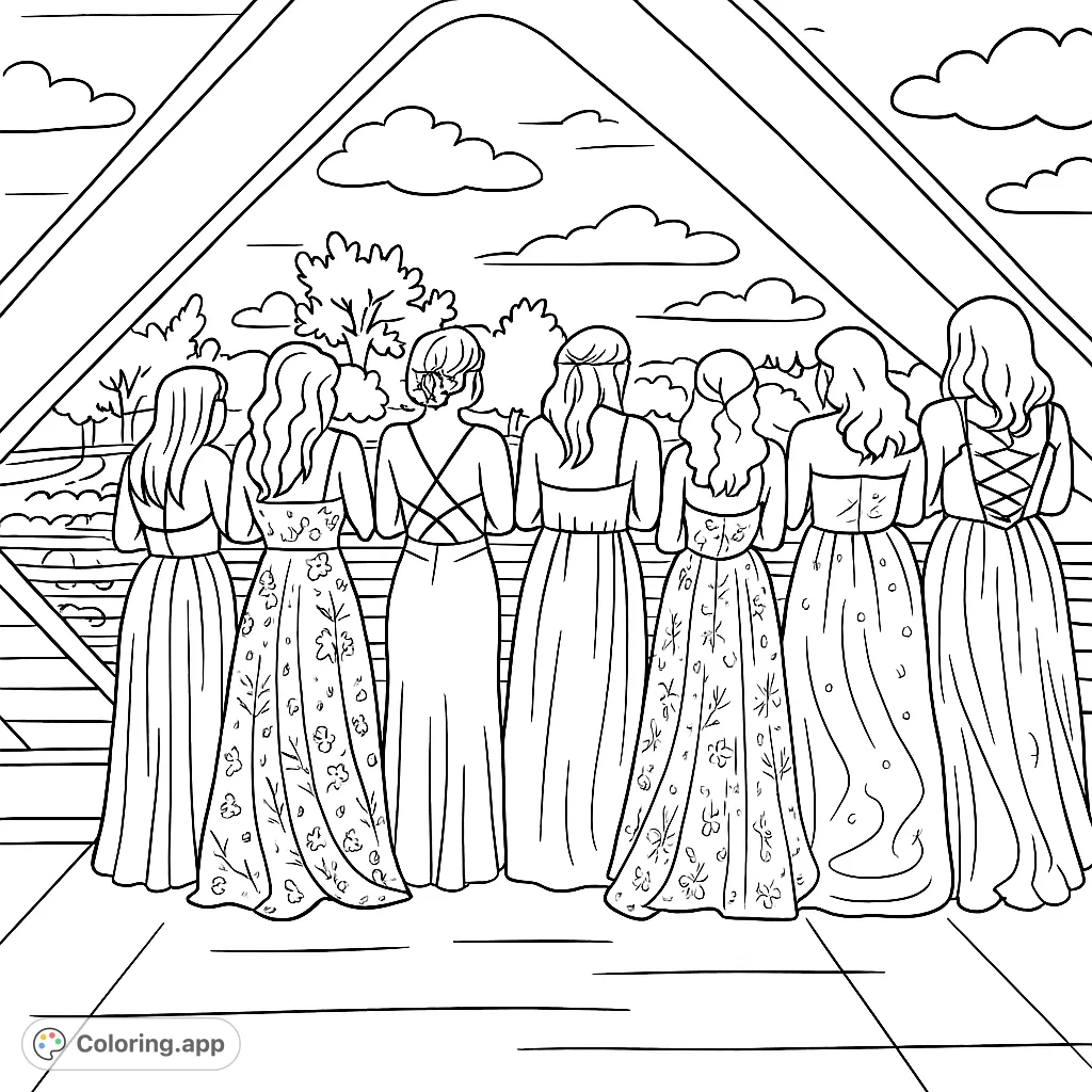 Celebrate friendship and fashion with this prom night coloring page featuring seven young women in dazzling gowns, perfect for teens and adults.