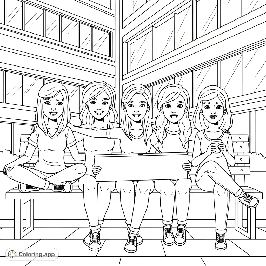 A free printable coloring page featuring five smiling young women relaxing on a park bench, with a modern building and paved area as the backdrop. Perfect for all ages.