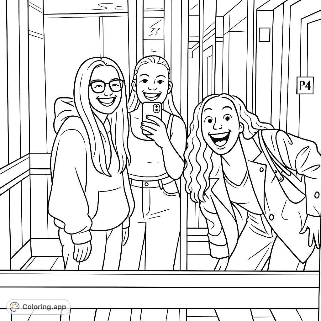 Capture the joy of friendship with this lively elevator scene. Three friends share a happy moment, perfect for coloring with your favorite hues. A fun, free printable coloring page.