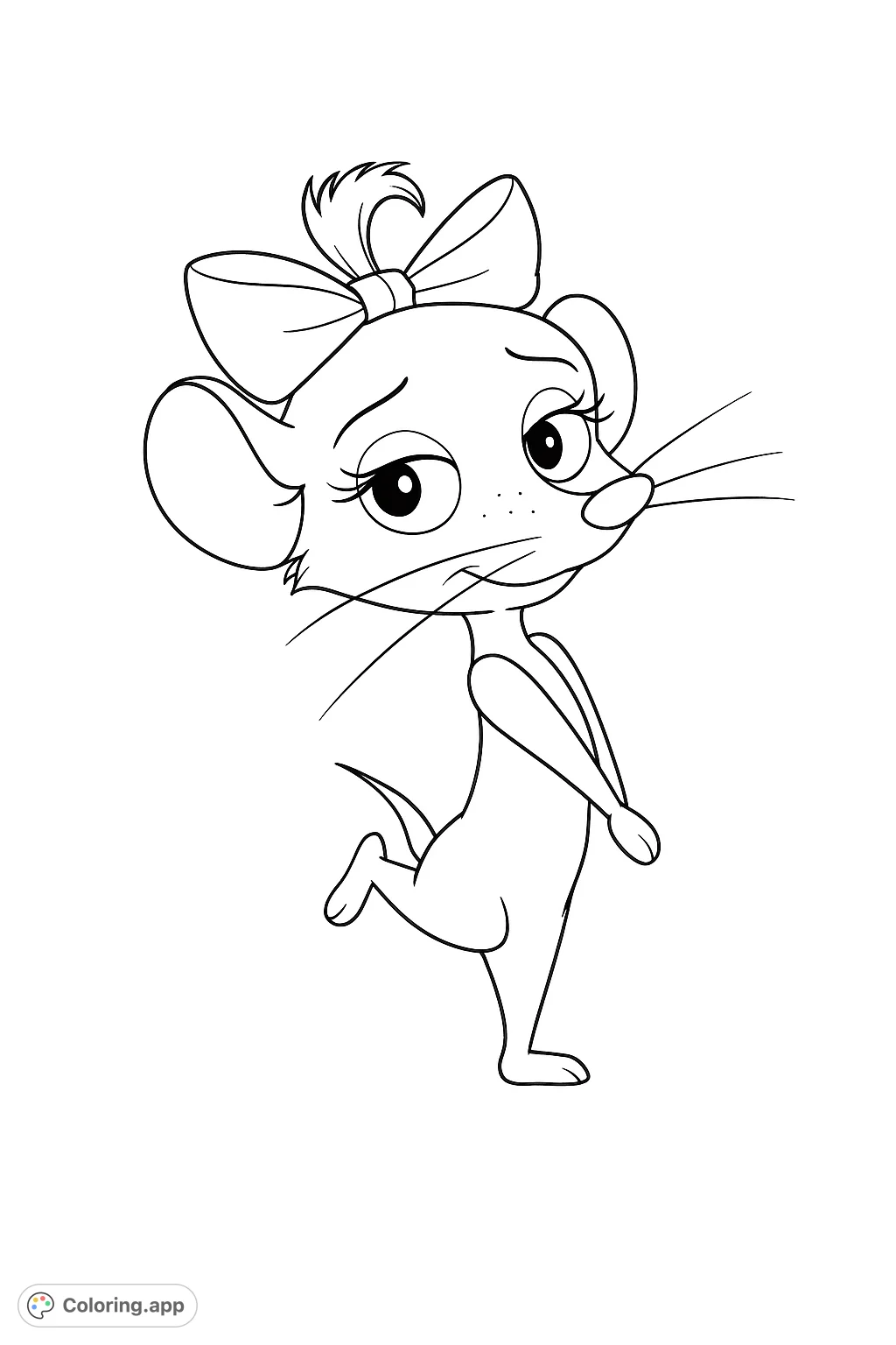 Color a delightful cartoon mouse character with a sweet expression, adorned with a large bow and posed daintily. Perfect for whimsical coloring fun!
