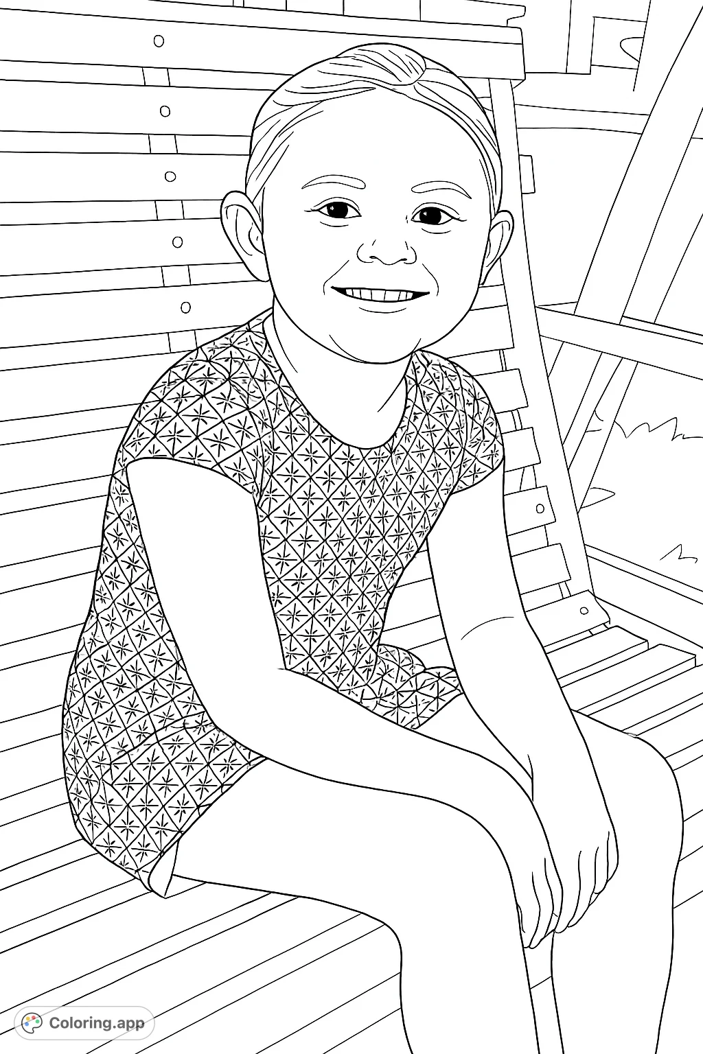 A cheerful young girl with a patterned dress smiles brightly while sitting on a slatted swing. A delightful portrait for a happy coloring session.