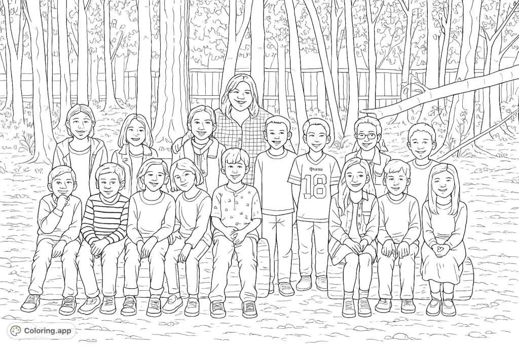 A delightful outdoor class photo featuring a teacher and a diverse group of smiling children among natural woodland elements. Perfect for a memorable coloring activity.