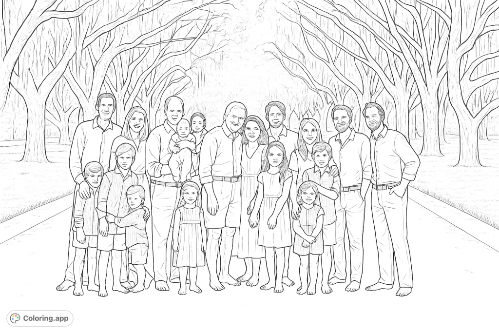 Color a heartwarming multi-generational family portrait beneath a majestic canopy of moss-draped oak trees. A free printable family gathering coloring page.