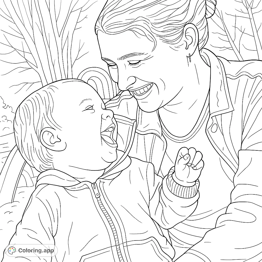 Capture a heartwarming bond with this mother and child coloring page. A joyful moment of laughter and connection, perfect for expressing love and happiness.