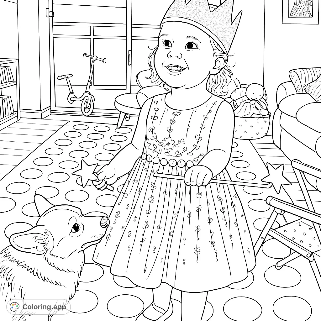 A joyful princess girl with a sparkling crown and magic wand stands beside her loyal corgi, ready for an enchanting adventure in a playful room.