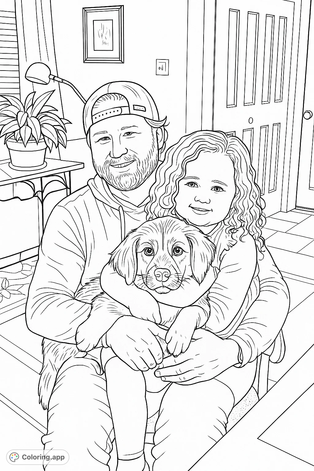 A heartwarming family portrait featuring a dad, a child, and their beloved puppy. Perfect for celebrating family bonds and pet love.