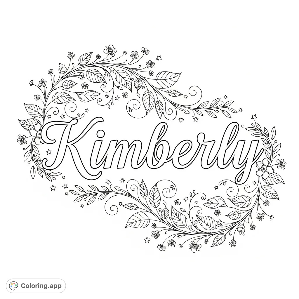 A beautiful 'Kimberly' name coloring page, featuring elegant script lettering framed by intricate floral patterns and delicate filigree for personalized artistry.