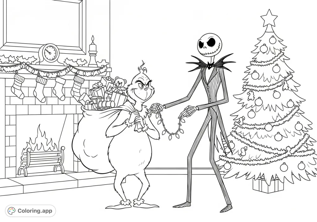 Join The Grinch and Jack Skellington as they mischievously team up to "steal" Christmas. A festive and fun holiday scene perfect for fans of both characters.