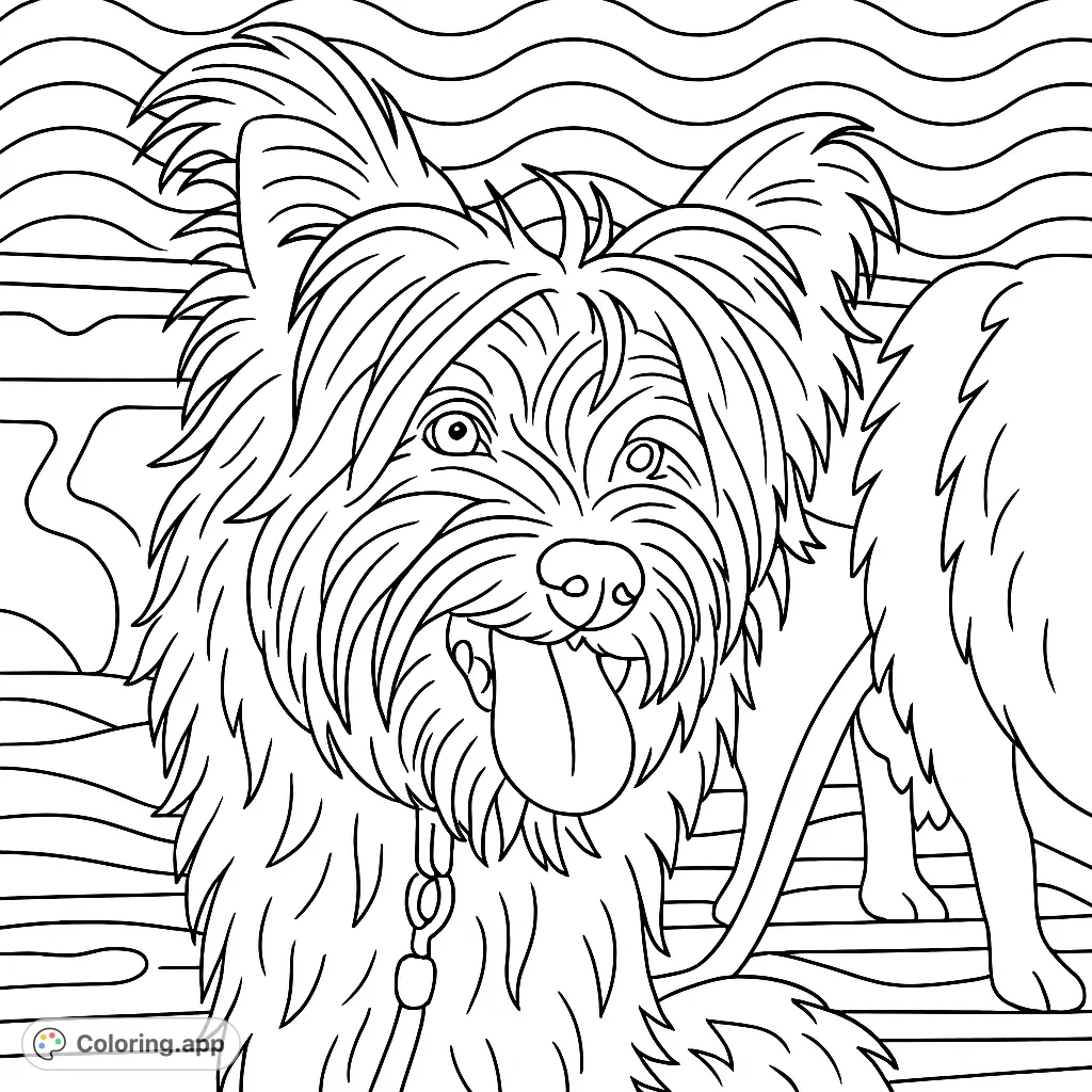 A charming shaggy dog coloring page with one ear up and its tongue out, ready for vibrant personalization. Perfect for all dog lovers!