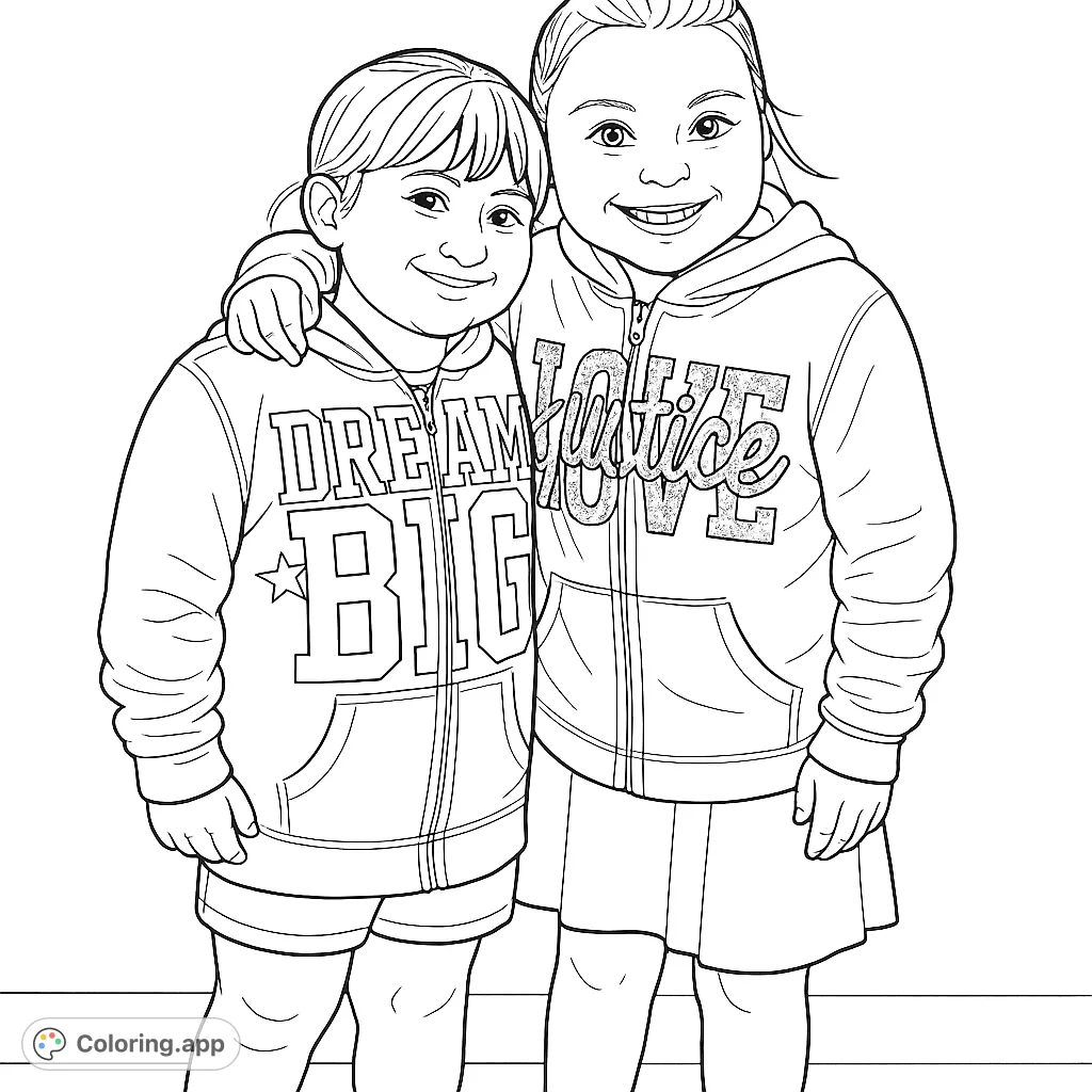 Two cheerful girls share a sweet embrace, sporting trendy hooded sweatshirts with inspiring messages. A delightful coloring page for showcasing friendship and style.