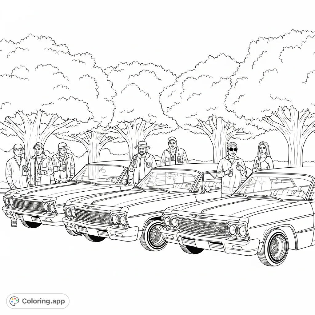 Immerse yourself in lowrider car culture with this detailed coloring page featuring three classic Chevy Impalas and a lively gathering under leafy trees.