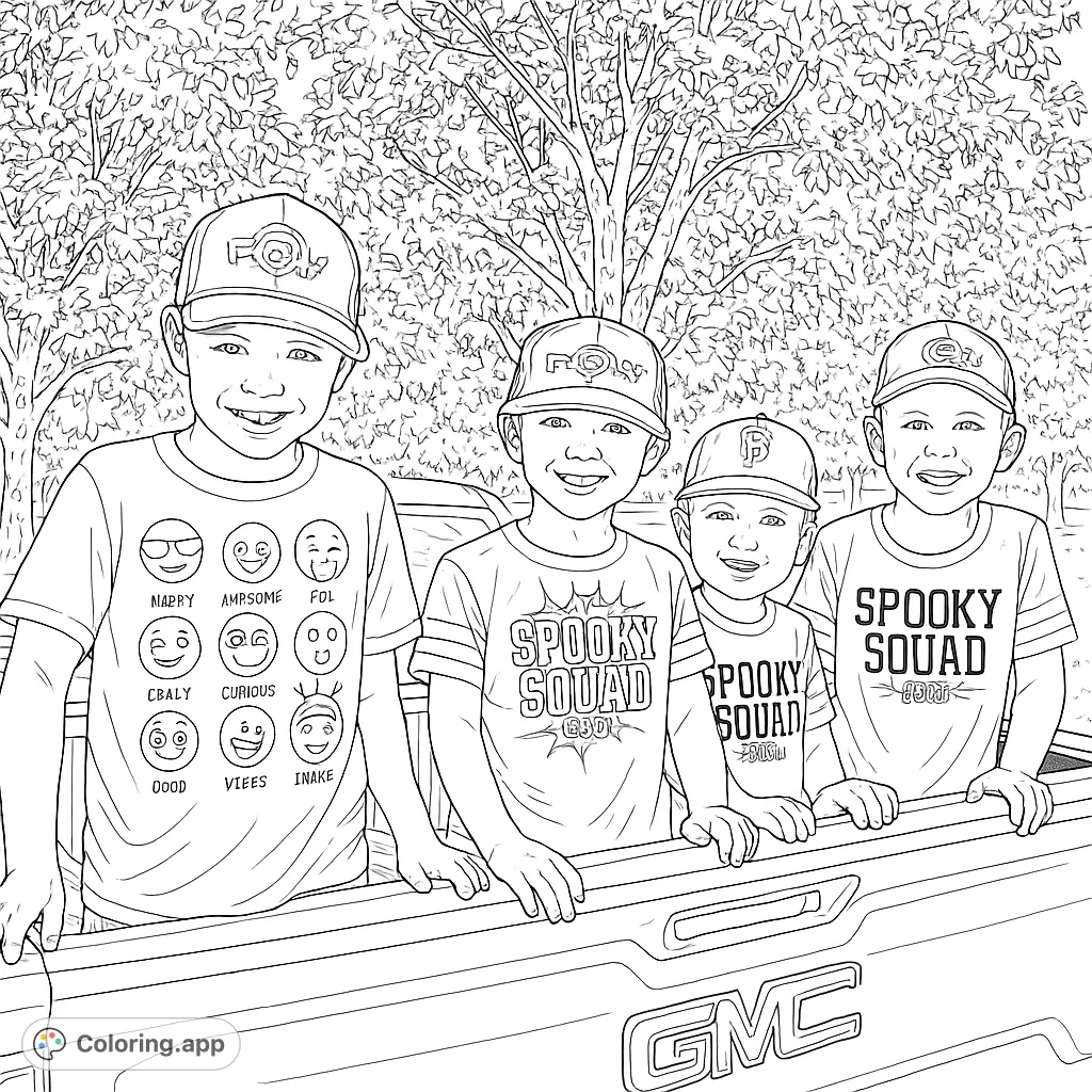 Four smiling boys in caps and 'Spooky Squad' shirts pose in a truck bed, ready for adventure amidst leafy trees. A fun, printable Halloween-themed coloring page!