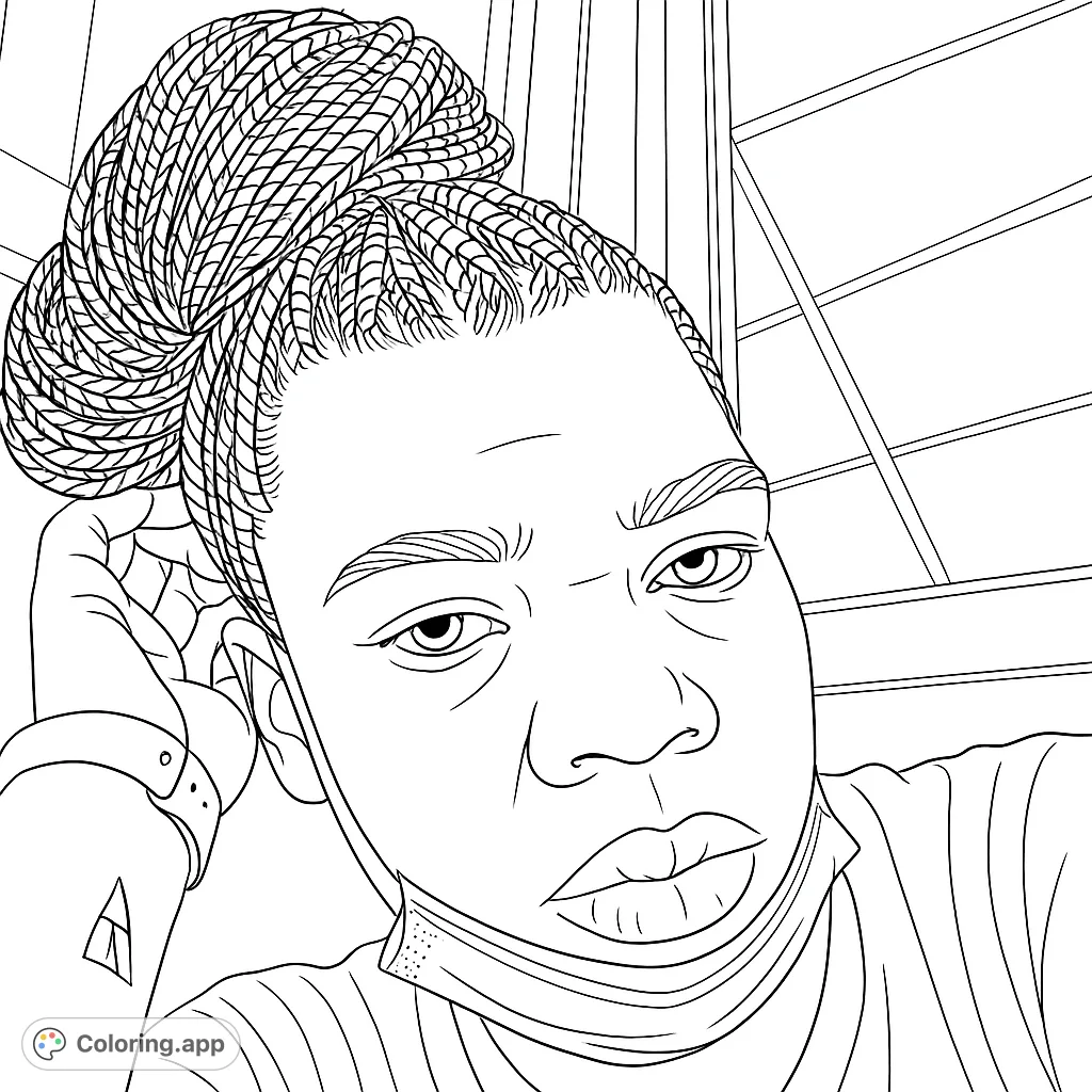 A detailed portrait featuring a person with a striking braided bun hairstyle, a protective face covering, and subtle accessories, set against an interior background.