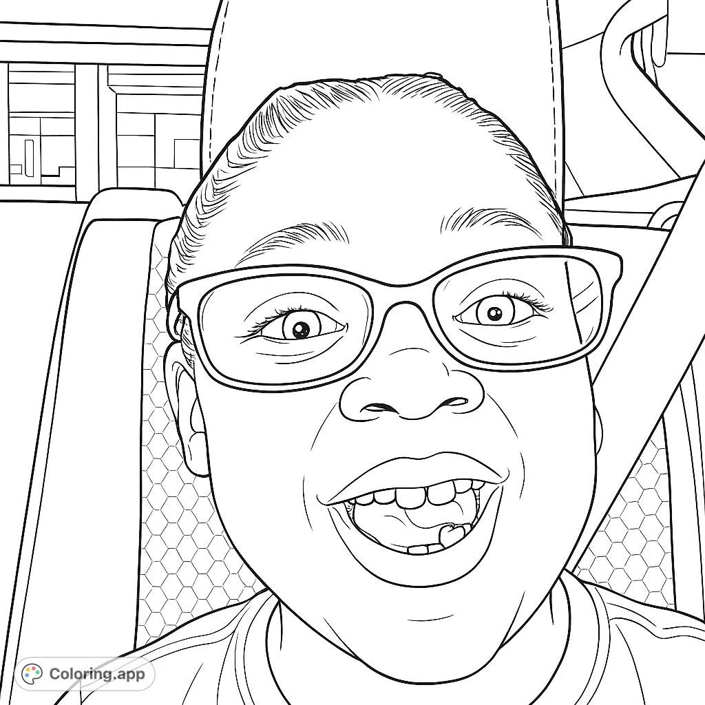 Capture a playful moment of a child in a car, complete with glasses and an expressive face. A relatable travel scene for creative coloring fun.