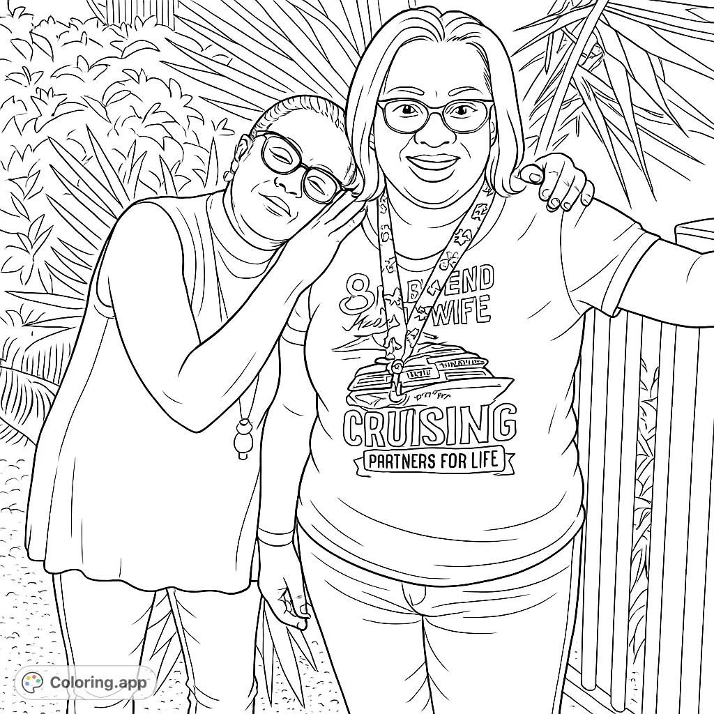 A heartwarming portrait of two women, ready for adventure, featuring a detailed "Cruising Partners for Life" graphic. Perfect for personalizing.