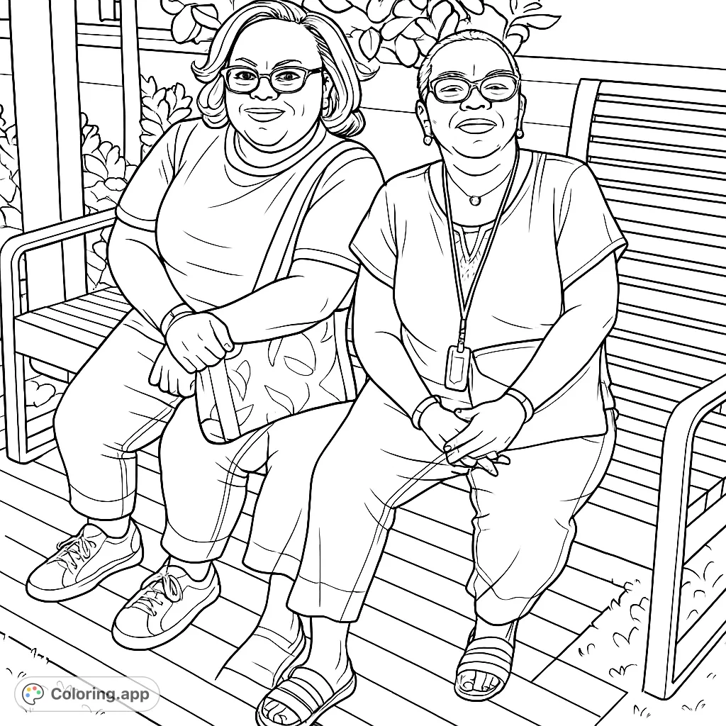 Color two individuals relaxing on a park bench surrounded by foliage. A delightful scene for all ages, perfect for mindful coloring and creative expression.