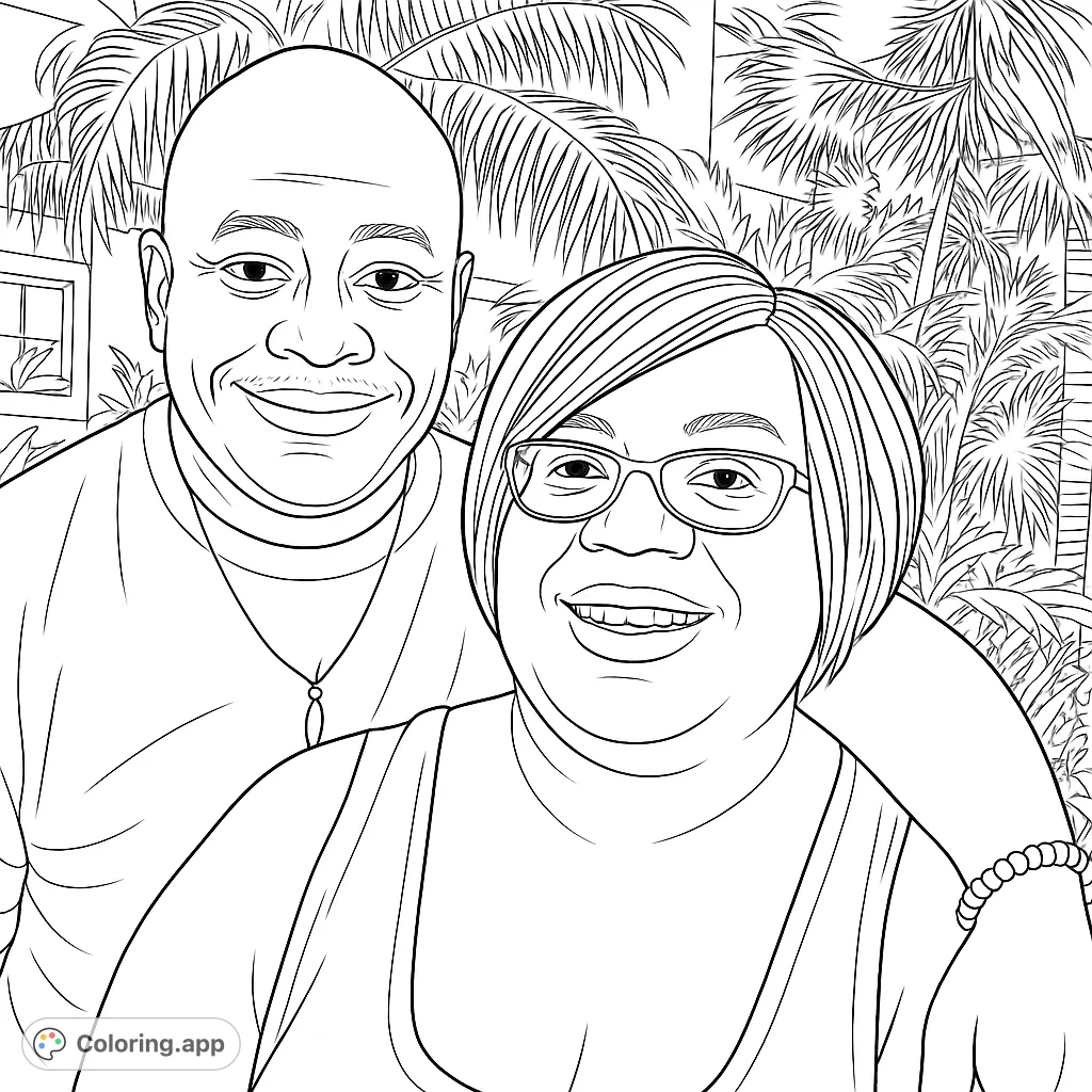 A delightful couple poses smiling amidst tropical foliage. This heartwarming scene offers a chance to explore expressions and plant details, perfect for all ages.