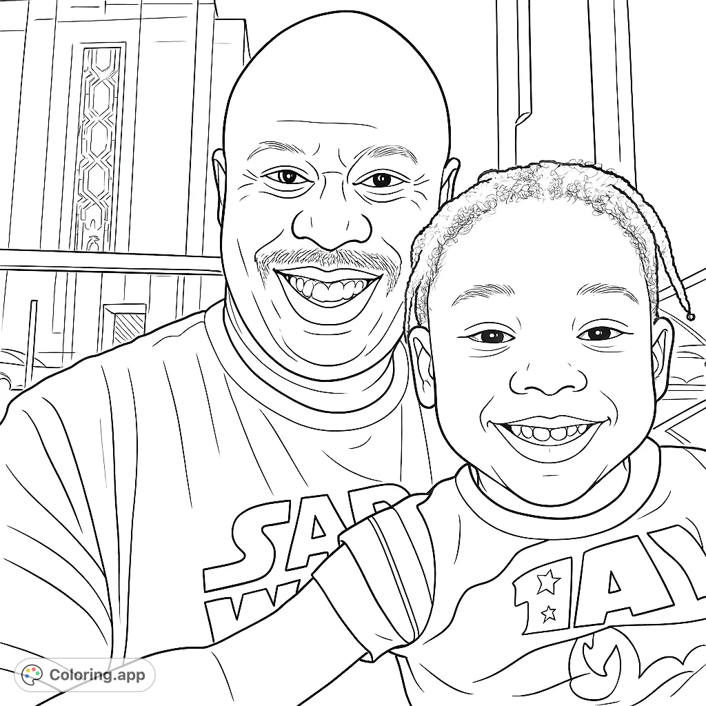 A heartwarming portrait of a smiling adult and child sharing a joyful moment outdoors, with a grand architectural building in the background.