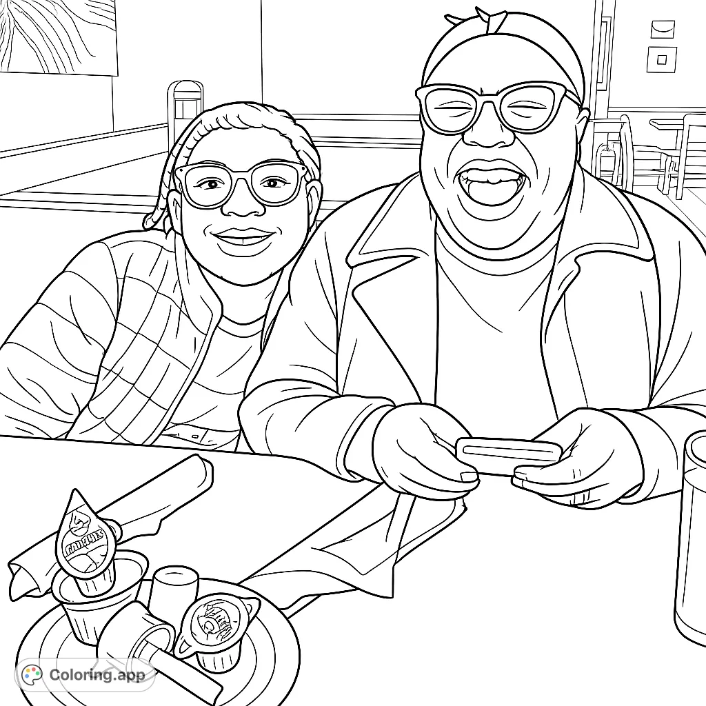 A heartwarming scene of two smiling individuals enjoying a meal together in a restaurant, capturing a moment of laughter and connection.