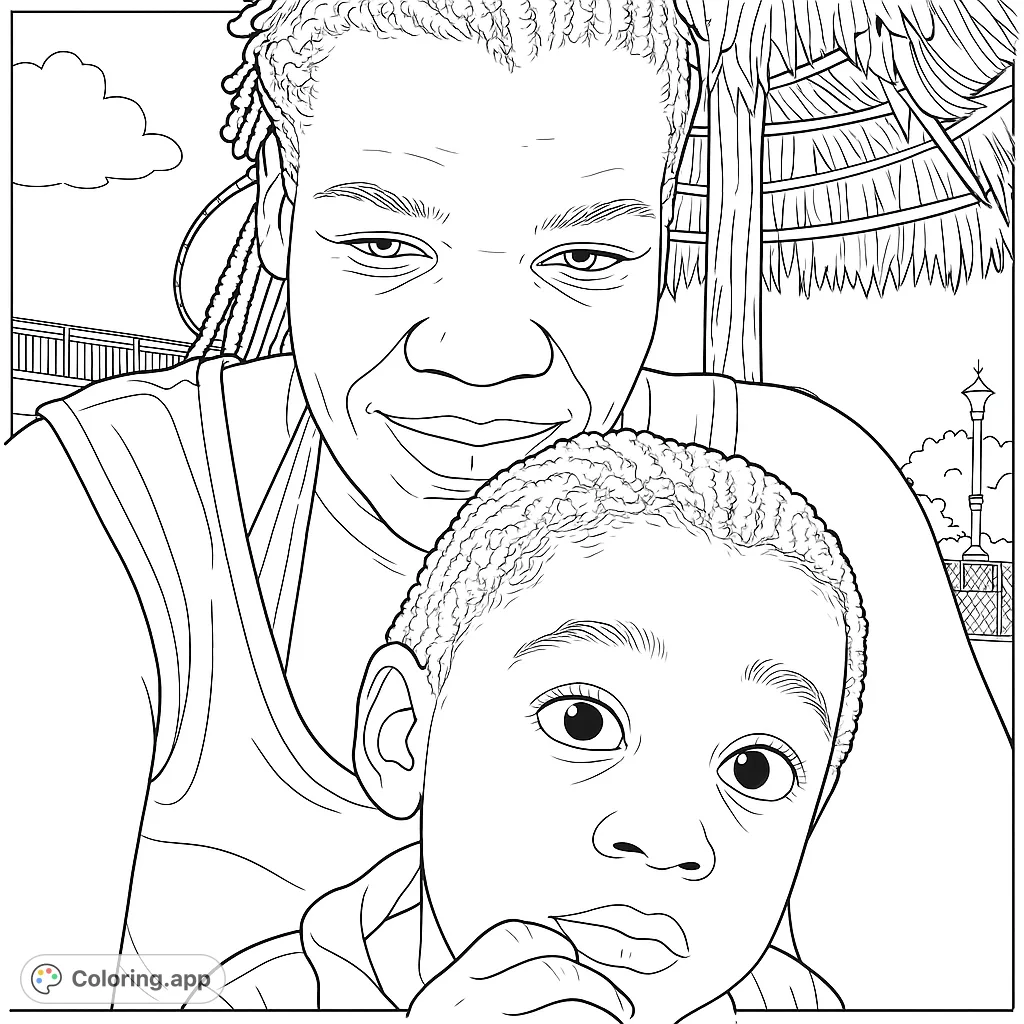 A heartwarming close-up of a mother and child sharing a tender moment, perfect for family-themed coloring. Capture their expressions in an outdoor setting.