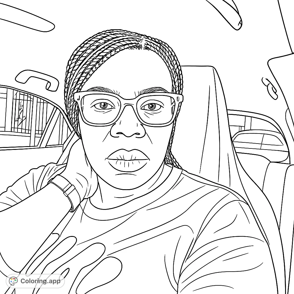 A detailed coloring page featuring a person with braided hair and stylish glasses, sitting inside a car. Express your creativity with intricate patterns on their shirt and accessories.