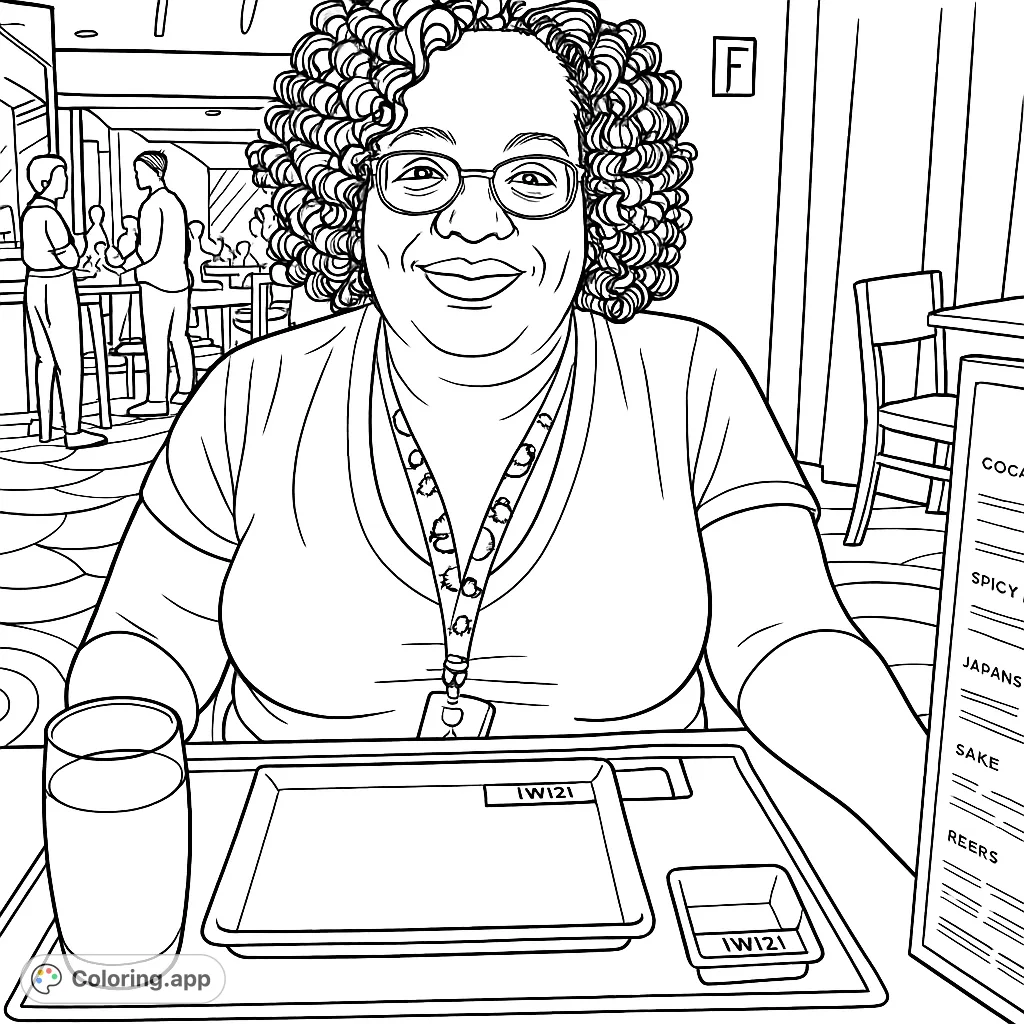 A friendly woman in glasses and a lanyard smiles from a restaurant table, featuring a detailed place setting and a lively background scene.