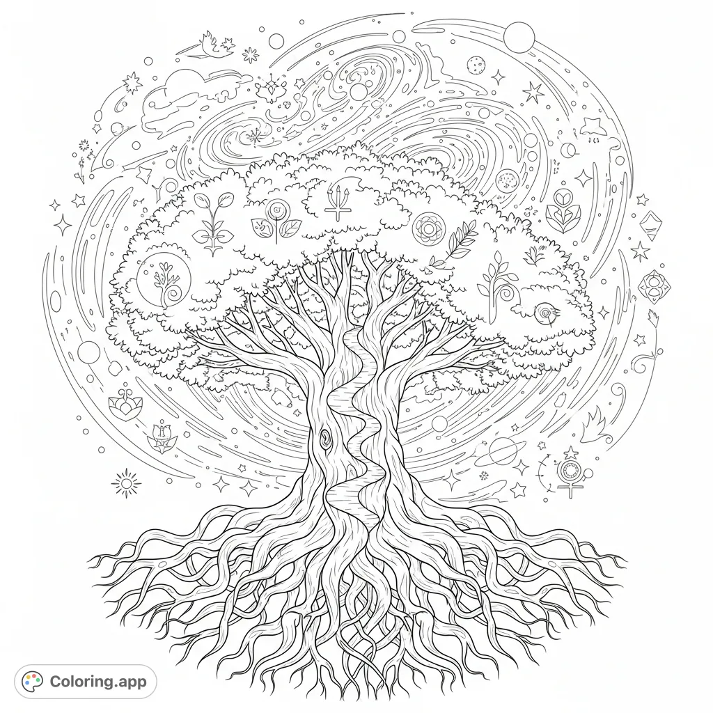 Explore the profound 'meaning of life' with this intricate coloring page featuring a cosmic tree, swirling galaxies, and symbols of growth and knowledge.