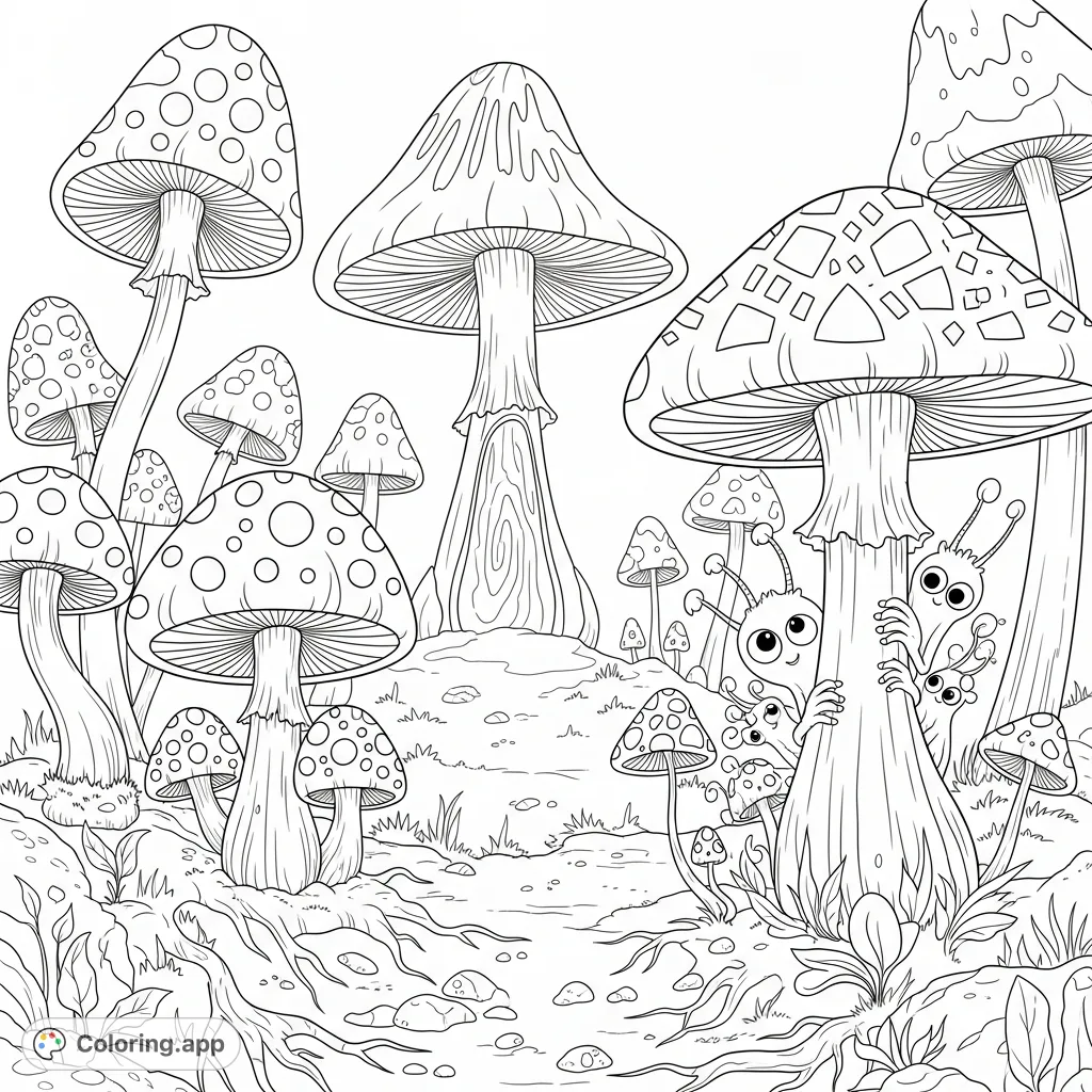 Dive into a surreal mushroom trip coloring page, featuring oversized fungi, intricate patterns, and whimsical creatures. A journey for your imagination.