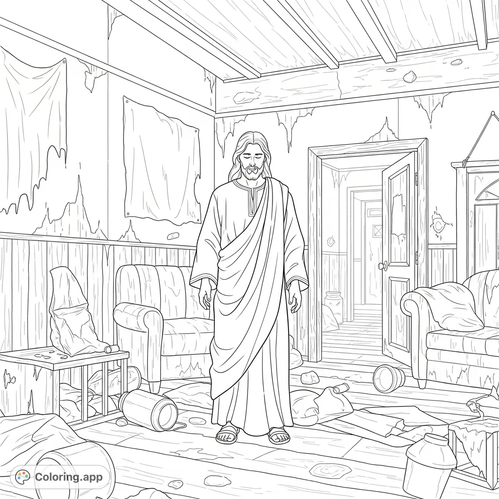 Explore a thought-provoking depiction of Jesus amidst a raw, urban interior. This unique scene invites deep reflection and creative expression for adults.