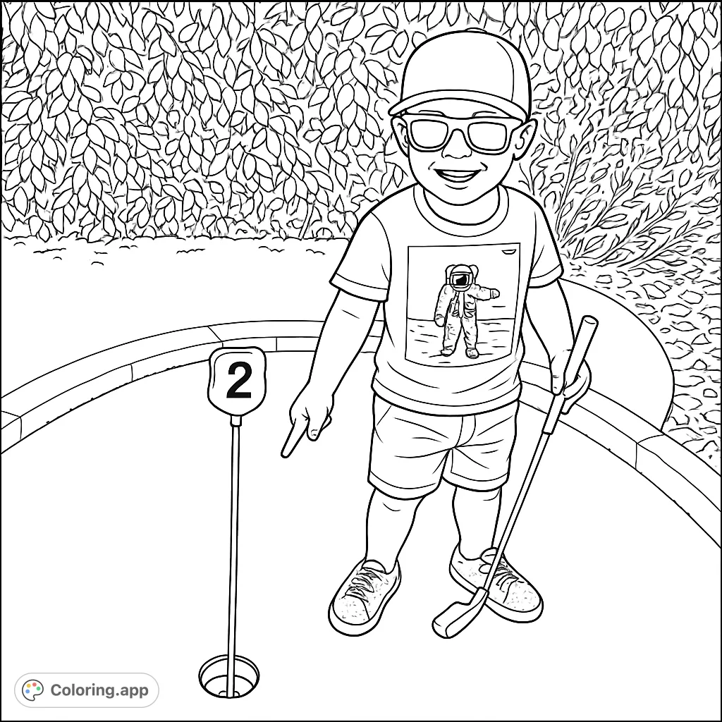 A cheerful young boy enjoys a day of mini-golf, ready to make his next shot. This fun scene captures the joy of outdoor play on the green.