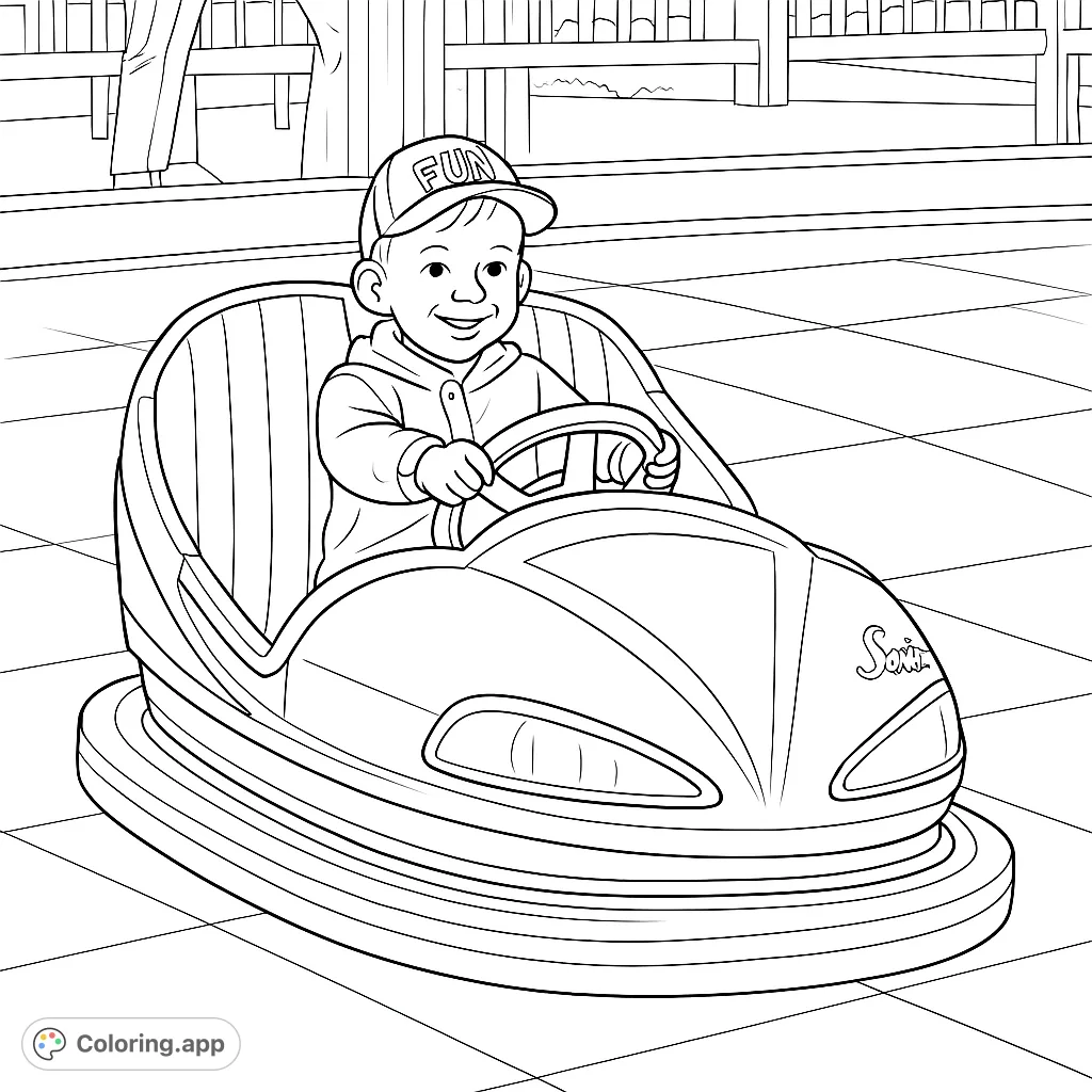 A delightful bumper car coloring page featuring a smiling child ready for fun. Perfect for young enthusiasts of amusement park rides and exciting adventures.