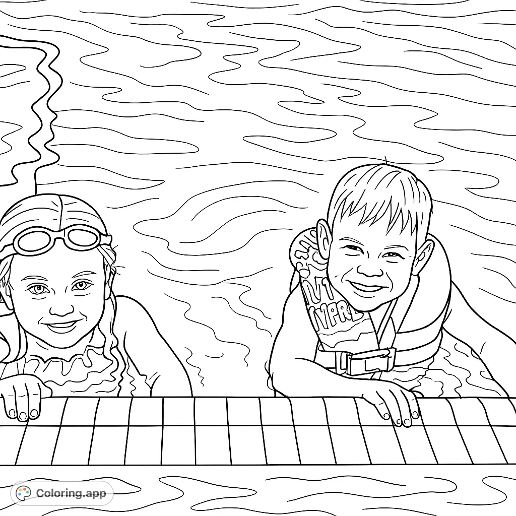 Two smiling children enjoy a swim, holding onto the pool's edge. A fun and engaging coloring page for summer adventures.