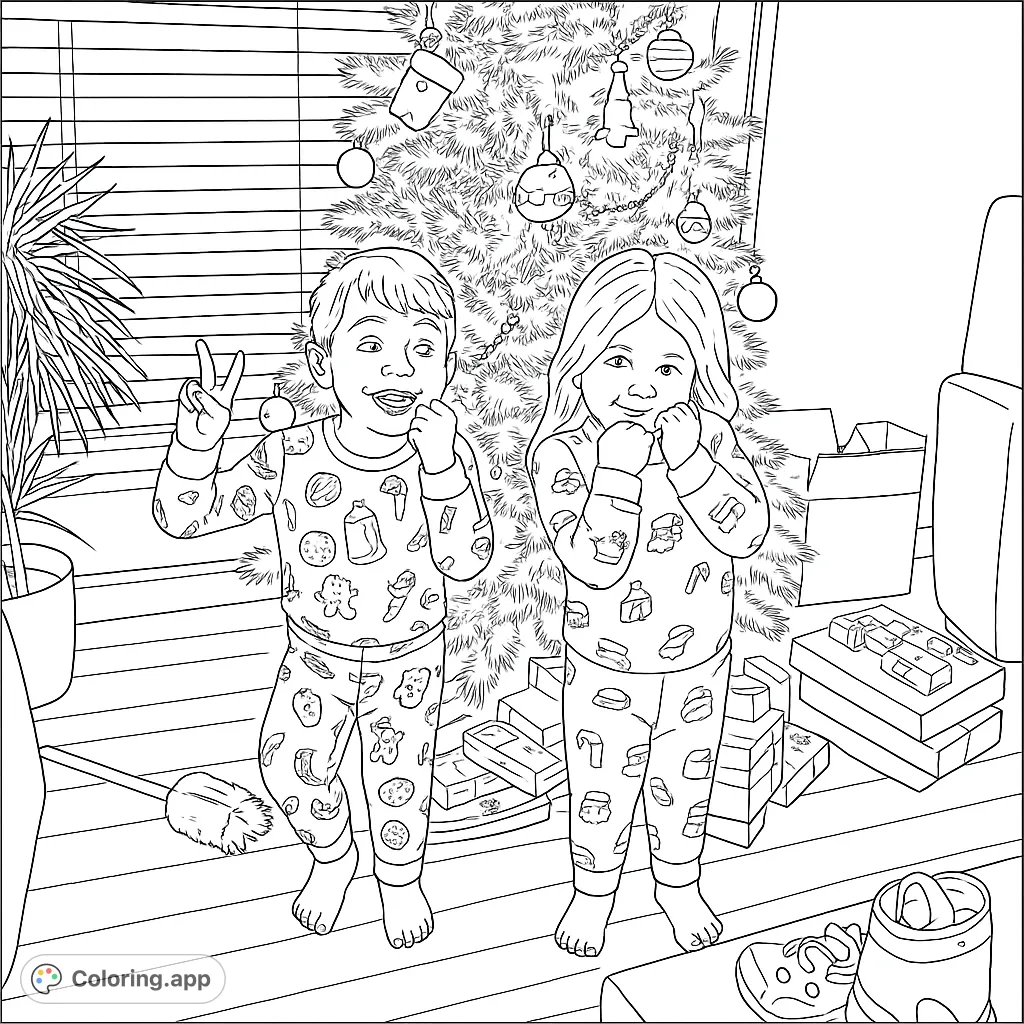 Capture the warmth of the season with this festive coloring page featuring two smiling children in patterned pajamas standing by a decorated holiday tree.