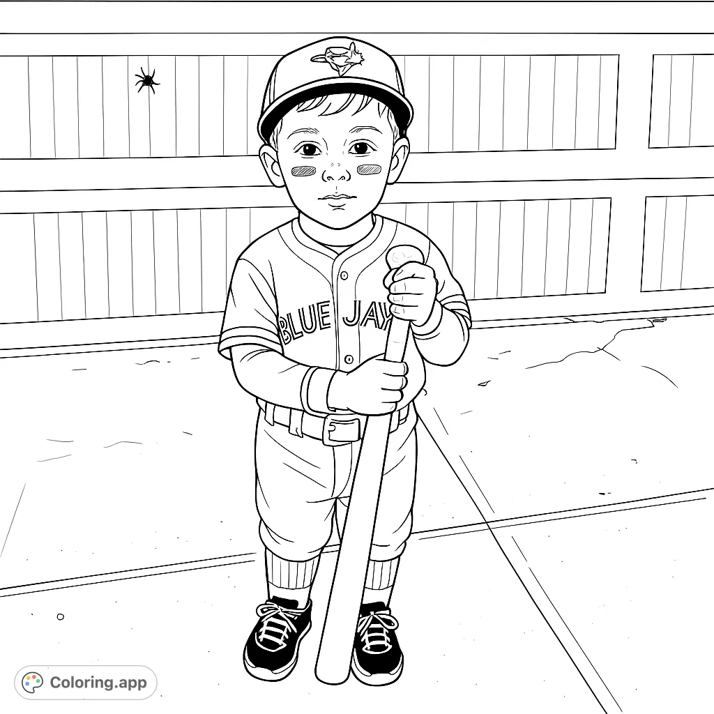 A charming little baseball player in full uniform, holding a bat and ready for the game. Perfect for young sports fans to color.