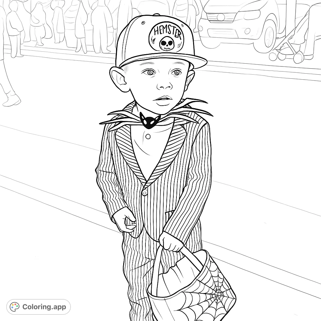 A charming child in a distinctive pinstriped suit and spiky collar, holding a spiderweb treat bag. Perfect for Halloween festivities and imaginative play.