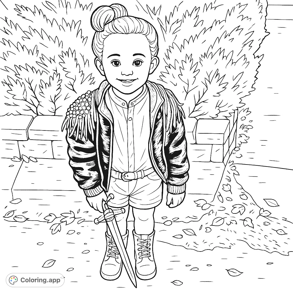 A charming warrior girl in a dazzling, sequined costume with a glowing sword, ready for adventure. Perfect for imaginative young colorists!