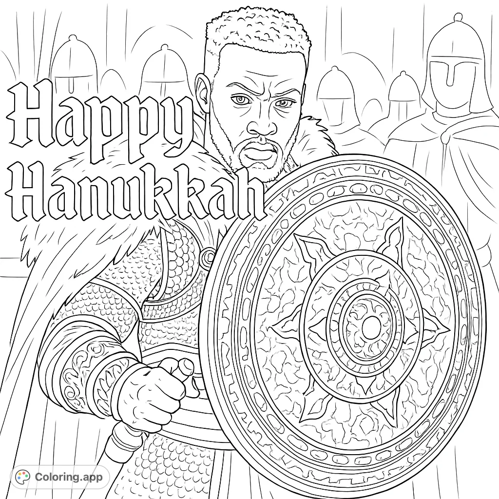 A formidable warrior in intricate armor with a detailed, patterned shield and sword, ready for battle. This heroic figure stands before a blurred background of fellow fighters.