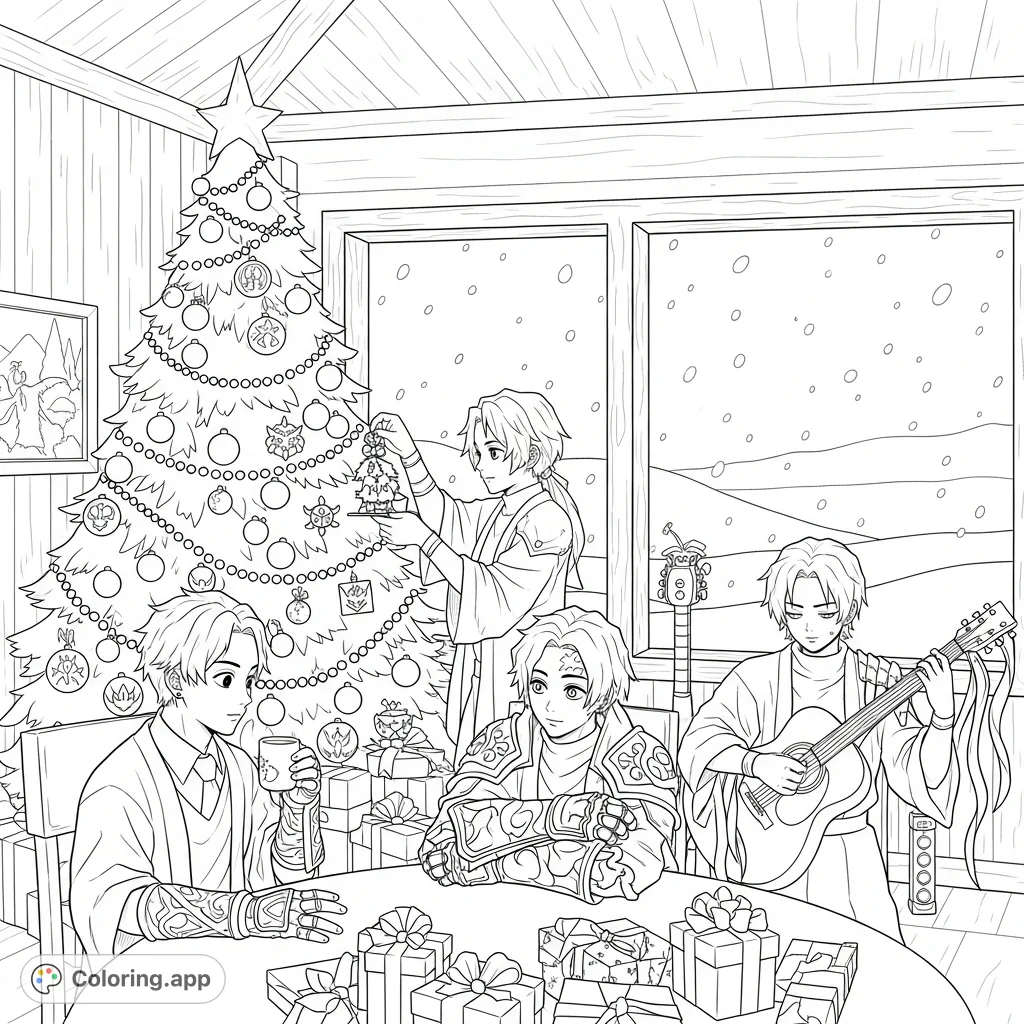 KPop Demon Hunters enjoy a festive break in a cozy lodge, with an ornate Christmas tree, wrapped gifts, and a snowy view, ready for holiday cheer.