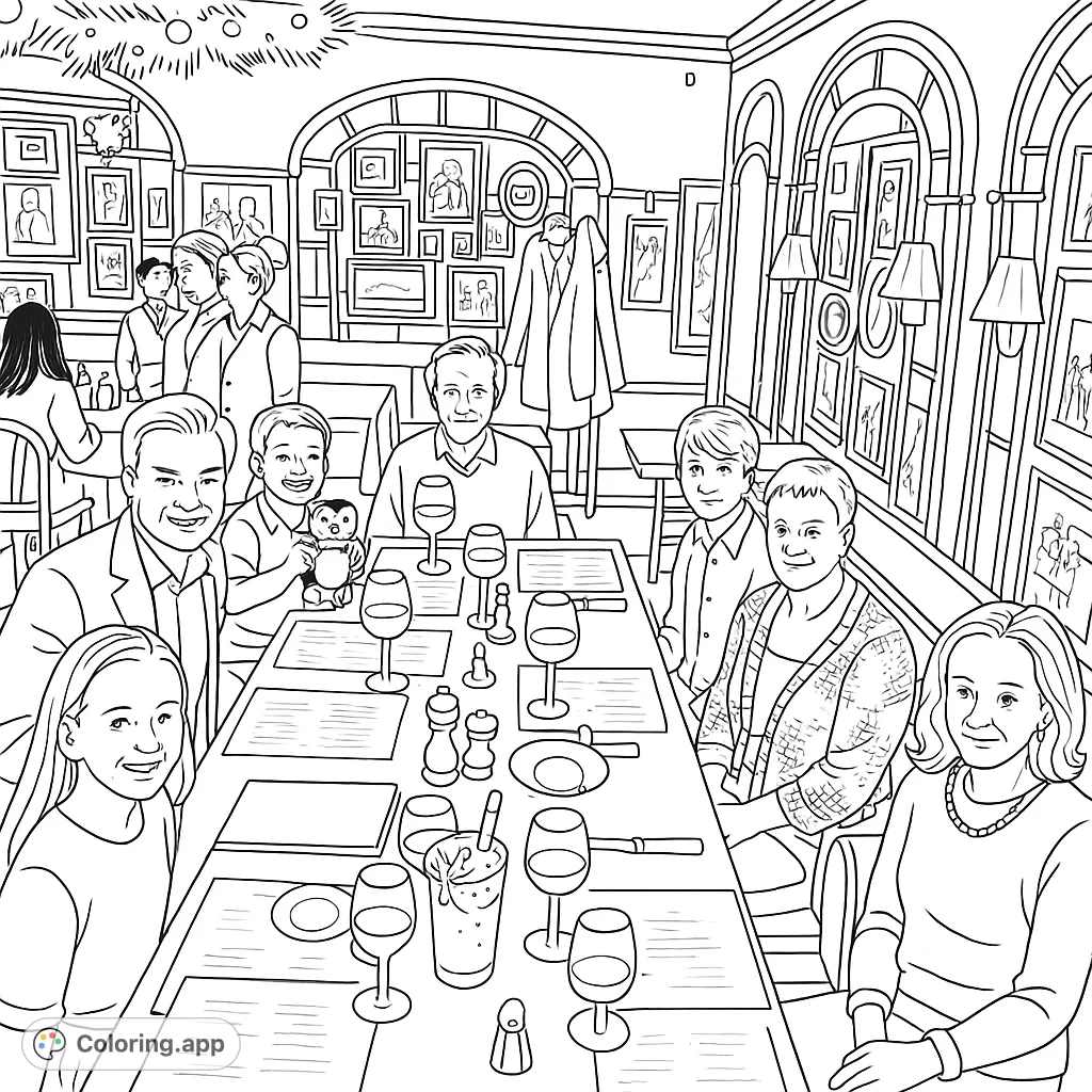 Capture the warm ambiance of a family dinner at a classic restaurant. This detailed coloring page features smiling faces, elegant settings, and festive decor.