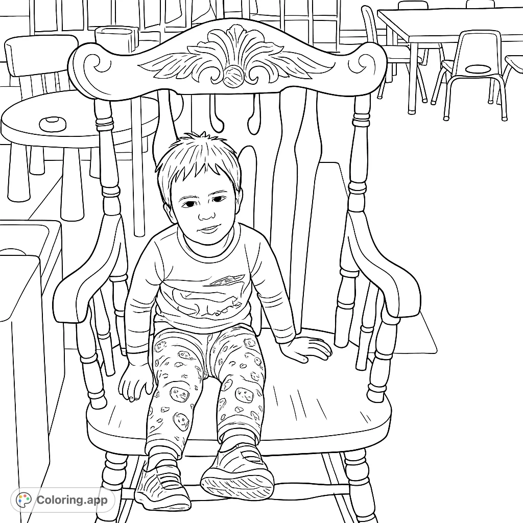 A delightful child sits in an exquisitely carved wooden rocking chair, ready for your creative touch. Perfect for family-themed coloring.