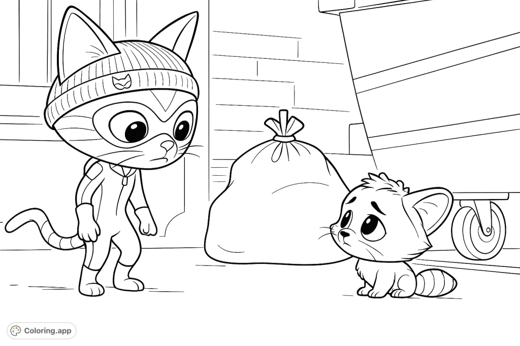 Join a masked cat hero and its small, furry companion in an urban scene, featuring a detailed background with a garbage bag and large bin, perfect for creative coloring.