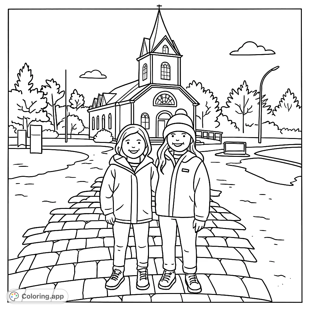 Two cheerful children stand on a vibrant, block-patterned path, with a charming church and lush landscape in the background. A delightful scene for creative coloring.